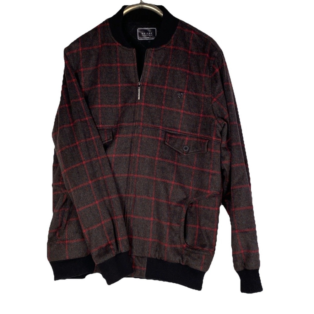 Orisue Jacket Men's XL Gray & Red Wool‎ Blend Plaid Bomber Zip-Up